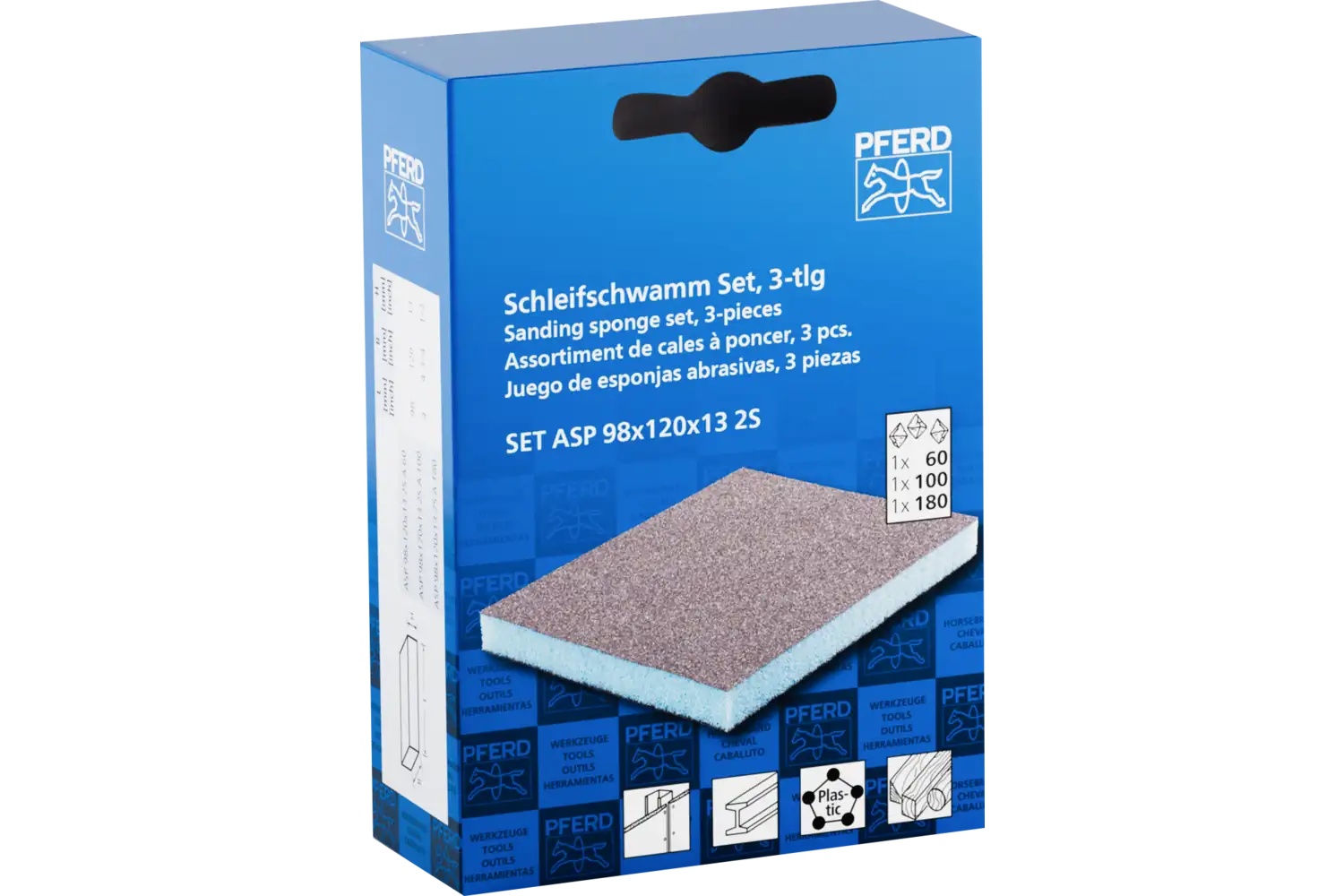 Picture of Pferd Sanding Sponge Set With 4 Abrasive Sides, 4" X 4-3/4, 60, 80, 180 Grit, Aluminum Oxide, 3 Pk